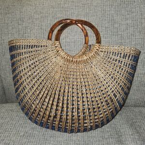 J Mclaughlin Woven Tan and Blue Tote